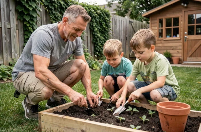 Père et ses fils jardinent ensemble dans le jardin familial en plantant des semis dans un carré potager