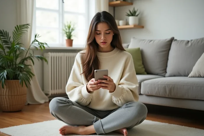 Jeune femme lisant les dernières actualités sur son smartphone dans un appartement cosy et lumineux