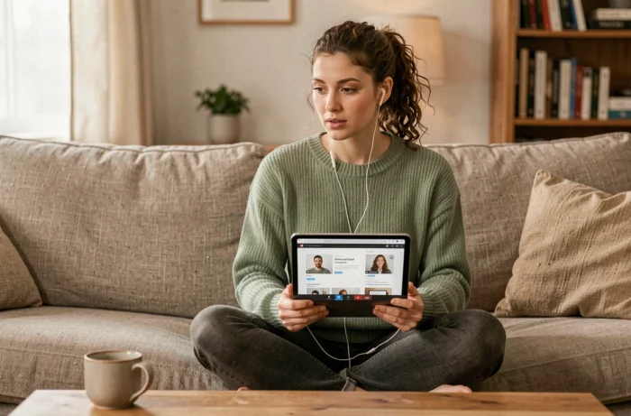 Jeune femme suivant une formation en recrutement à distance depuis son salon avec une tablette