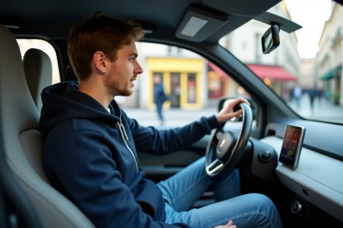 Jeune homme conduisant une voiture sans permis électrique en ville