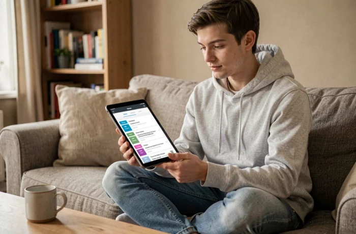 Jeune personne sur un canapé consultant le plan de site d'un portail d'actualités sur tablette