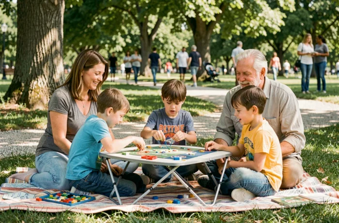 Famille multigénérationnelle jouant à des jeux de société éducatifs sur une couverture dans un parc en plein air