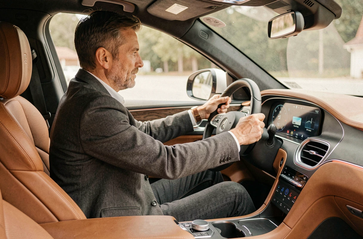 Journaliste automobile masculin au volant d'un SUV premium lors d'un essai routier, tableau de bord numérique visible