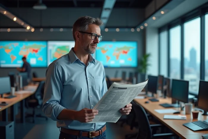 Journaliste masculin consultant un journal imprimé dans une salle de rédaction animée avec écrans d'information