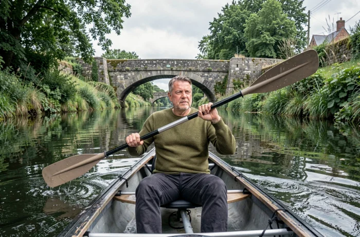 Homme faisant du kayak sur une rivière paisible en Bretagne, entouré de végétation dense et de vieux ponts en pierre caractéristiques des environs de Rennes