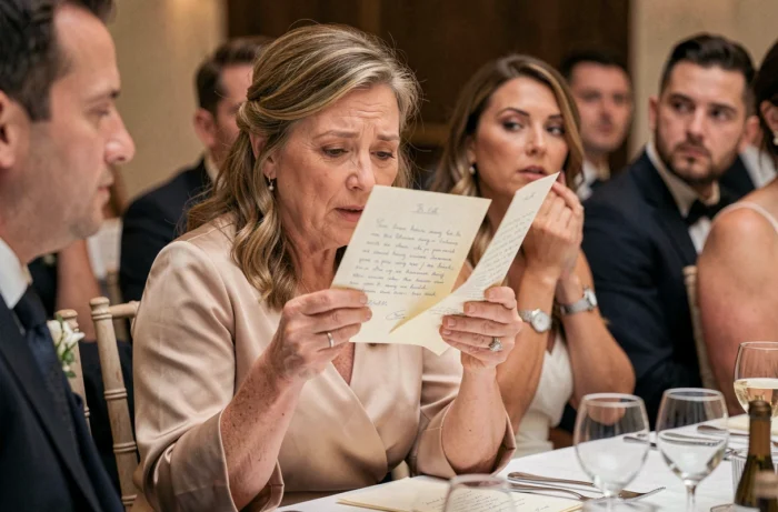 Une mère lit à voix haute une lettre manuscrite à son fils lors du dîner de mariage, les convives autour de la table l'écoutant avec émotion.