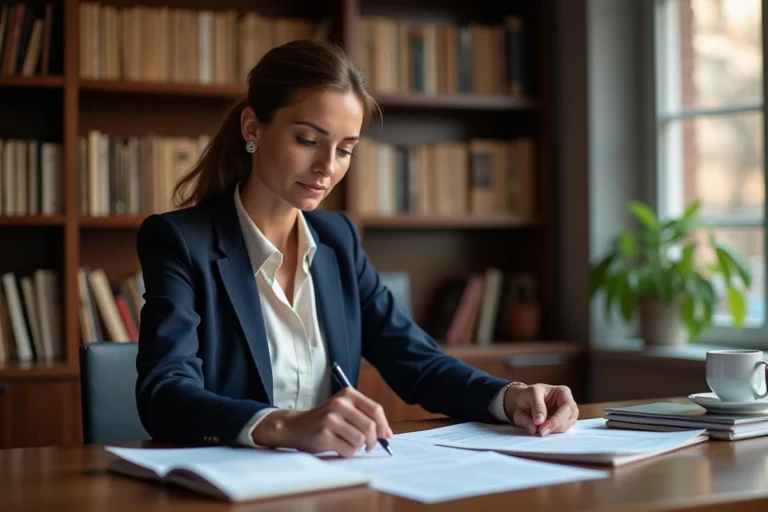 Femme inspirante et confiante travaillant dans un bureau élégant entouré de livres, incarnant le parcours professionnel et la détermination de Lisa Thorner