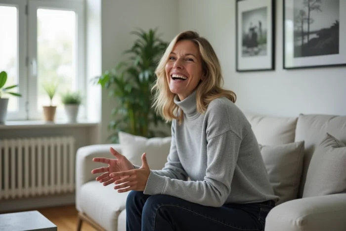 Portrait intime et authentique d'une femme accomplie riant dans un salon moderne, illustrant la personnalité attachante et les secrets inspirants de Lisa Thorner
