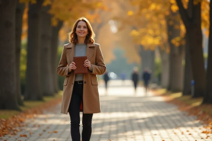 Femme épanouie et inspirante dans un parc urbain en automne, tenant un journal, symbolisant la réflexion personnelle et le chemin de vie de Lisa Thorner