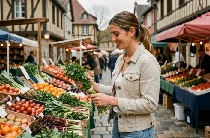 Femme explorant un marché en plein air à Rennes, parcourant des étals de produits frais et artisanaux dans une rue pavée bordée de façades à colombages