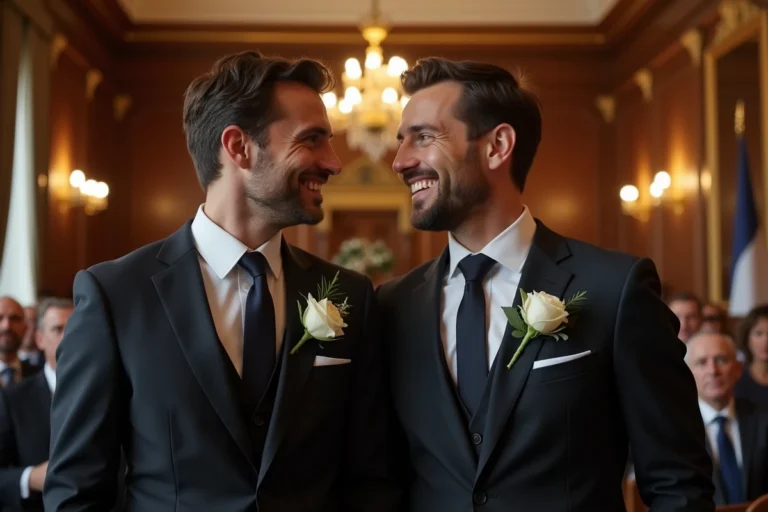 Deux hommes en costume sombre lors d'une cérémonie de mariage civil dans une mairie française ornée