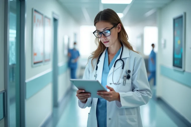 Médecin femme en blouse blanche consultant une tablette numérique dans un couloir d'hôpital moderne, illustrant l'innovation en pratique clinique