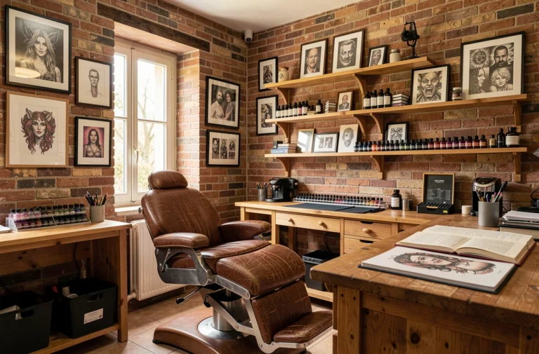 Intérieur d'un studio de tatouage artisanal à Gaillac avec des œuvres encadrées et du matériel professionnel
