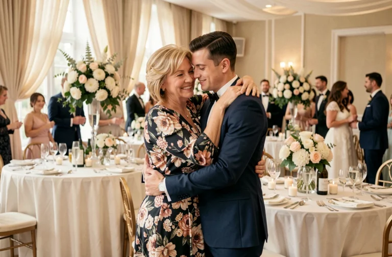 Une mère et son fils marié s'embrassent chaleureusement lors de la réception de mariage, entourés d'une salle décorée de fleurs et de nappes ivoire.