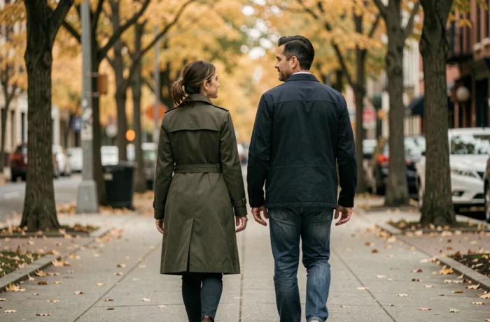 Couple discret se promenant sur un trottoir urbain en automne, illustrant la vie intime et réservée de Michelle White et Donald Glover loin des projecteurs