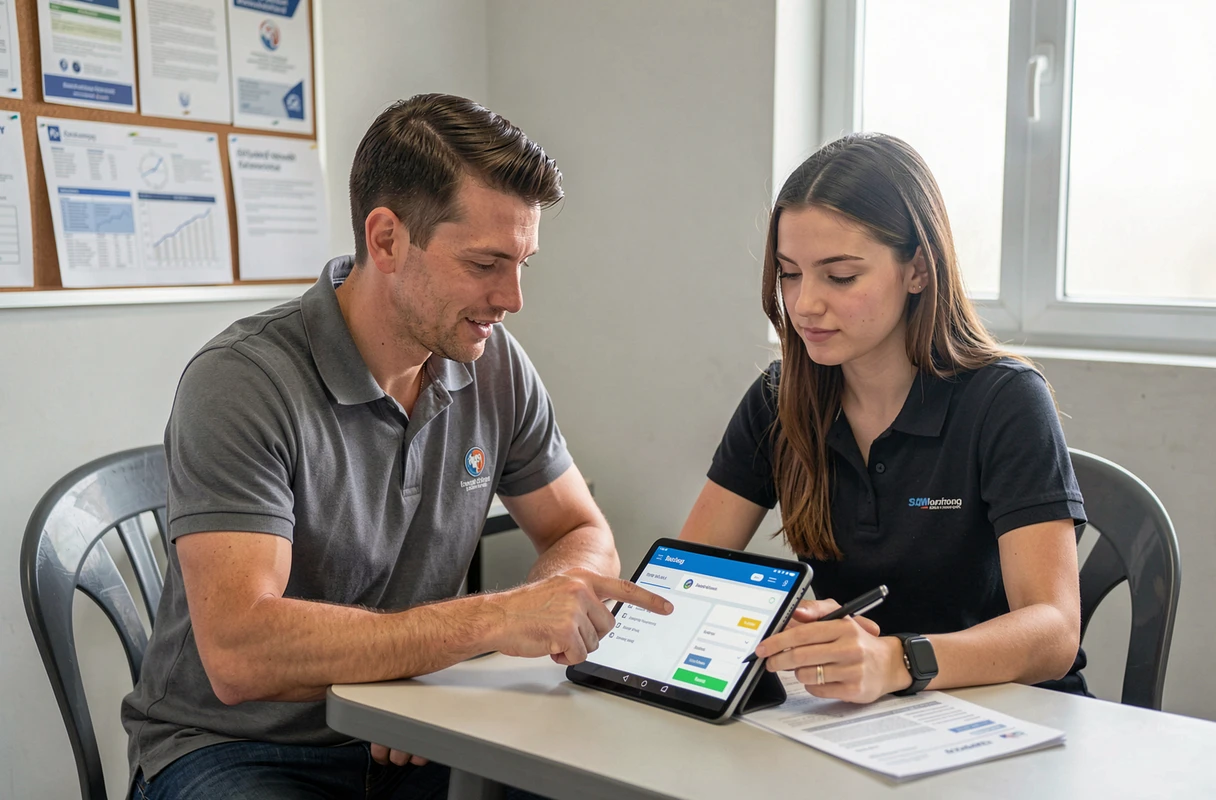 Moniteur d'auto-école aidant une élève à s'inscrire sur la plateforme Candilib avec une tablette
