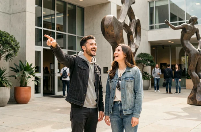 Deux amis devant l'entrée d'un musée d'art contemporain à Rennes, riant devant une installation sculpturale dans une cour intérieure moderne et accueillante