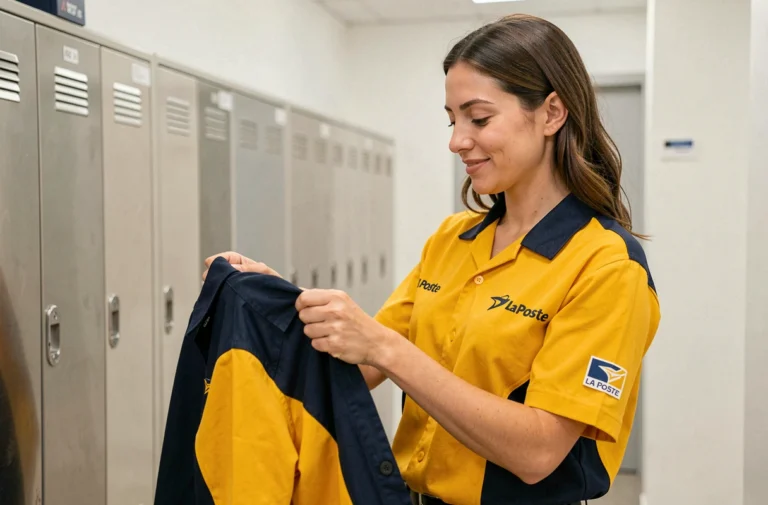 Nouvelle employée La Poste examinant son uniforme dans un vestiaire moderne