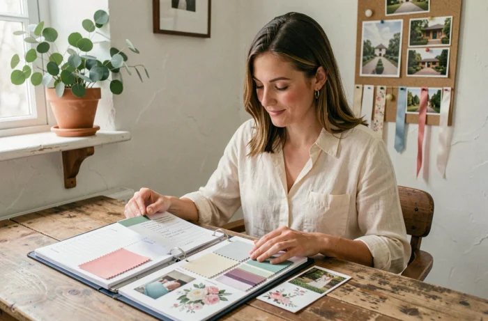 Femme organisant son mariage avec un classeur de planification rempli de fiches, d'échantillons de tissu et de listes de tâches sur un bureau en bois rustique