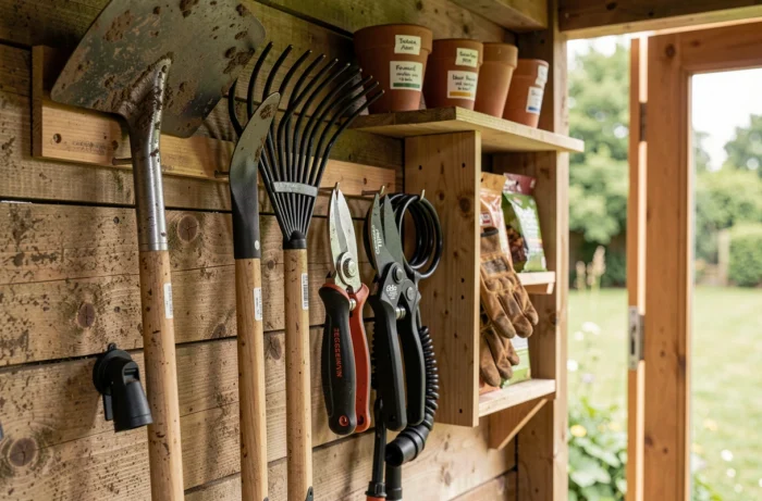 Outils de jardinage performants suspendus dans un cabanon en bois bien organisé, montrant leur qualité et leur entretien