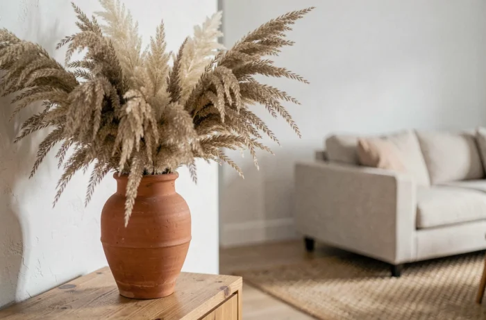 Vase en terracotta avec des herbes de pampa séchées dans un salon scandinave épuré