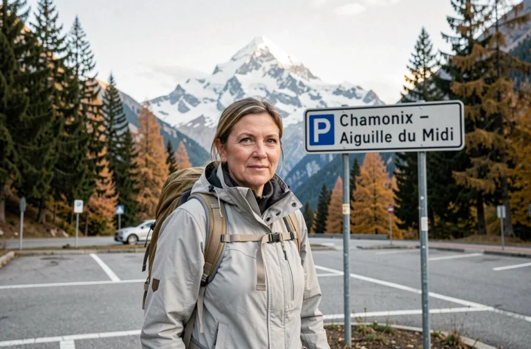 Femme en veste de randonnée devant un panneau de parking à Chamonix avec l'Aiguille du Midi en arrière-plan