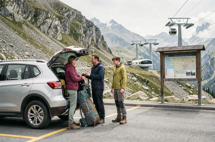 Famille déchargeant leur matériel de randonnée dans un parking de Chamonix avec la station du téléphérique de l'Aiguille du Midi visible en arrière-plan
