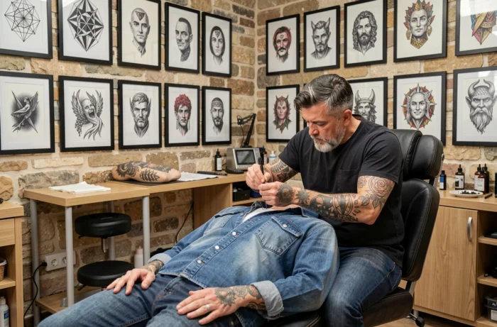 Patrick, tatoueur polyvalent et expérimenté en région occitane, installant un client dans son studio bien équipé