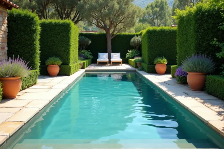 Piscine élégante en jardin aménagé avec dalles en pierre naturelle et plantes méditerranéennes