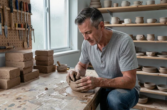 Homme façonnant un bol en argile dans un atelier de poterie artisanale à domicile avec des étagères de céramiques séchées en arrière-plan