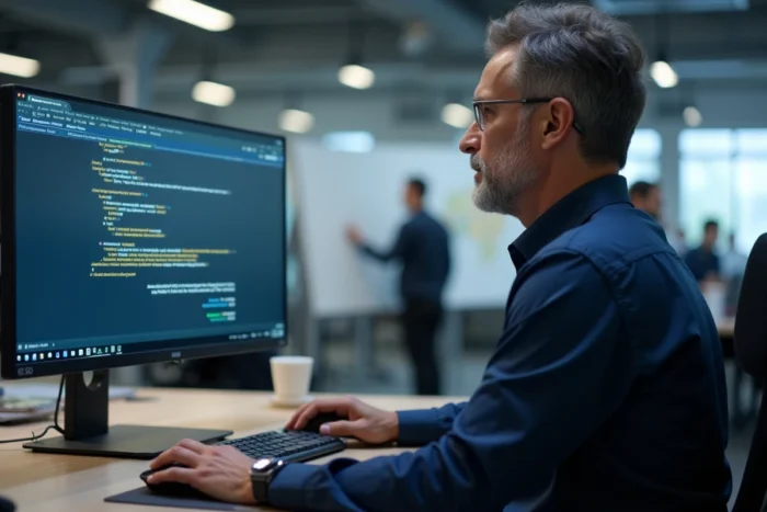 Professionnel IT analysant un avertissement de sécurité sur un navigateur web en open space