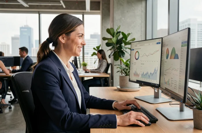 Une professionnelle du marketing digital analysant des tableaux de bord analytics sur deux écrans dans un bureau moderne