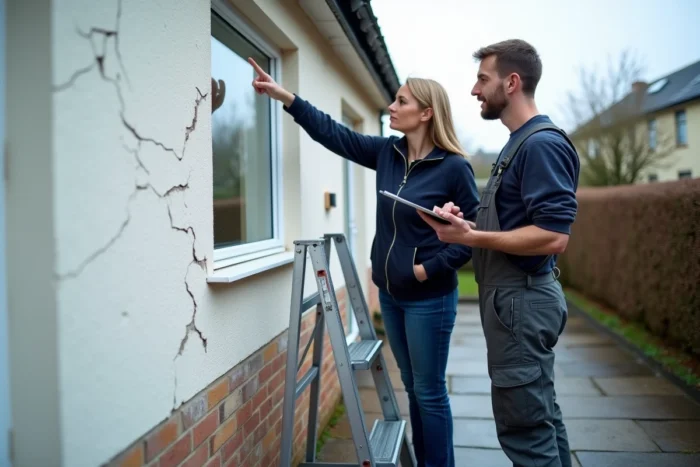 Propriétaire et artisan maçon discutant des dégâts de façade visibles autour d'une fenêtre sur une maison individuelle au printemps