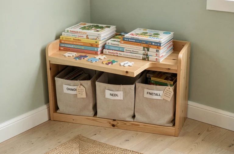 Étagère en bois bien organisée avec des bacs en tissu étiquetés contenant des boîtes de puzzles pour enfants dans une salle de jeux rangée
