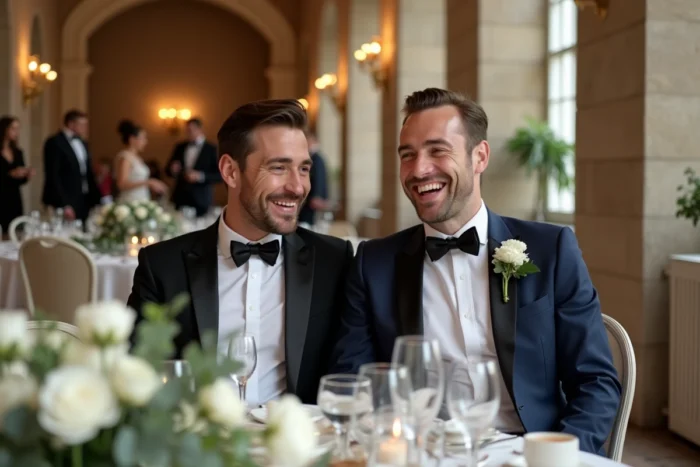Deux mariés à la table d'honneur lors d'un dîner de réception de mariage dans un lieu parisien élégant