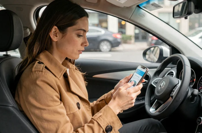 Femme consultant le site Autofantom sur smartphone à l'intérieur d'une voiture pour acheter un véhicule en ligne