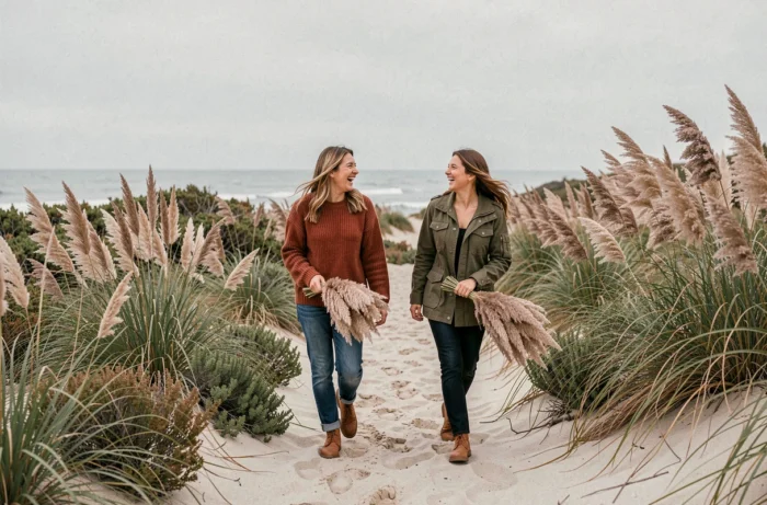 Deux femmes ramassant des herbes de pampa sauvages sur les dunes côtières atlantiques