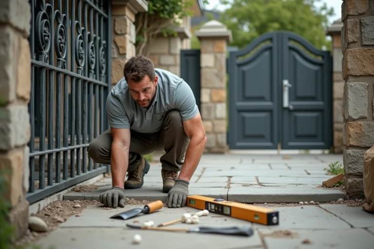 Entrepreneur en rénovation inspectant un seuil de portail endommagé avec des outils de maçonnerie posés au sol