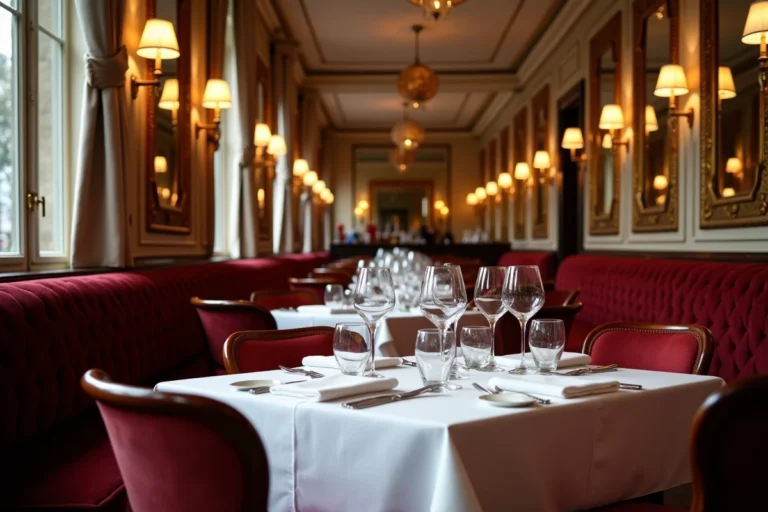Salle de restaurant gastronomique parisien avec tables en lin blanc, miroirs dorés et boiseries sombres, ambiance élégante et raffinée
