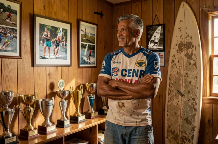 Champion de windsurf français dans sa salle des trophées, entouré de récompenses et de photos de compétitions emblématiques de sa carrière