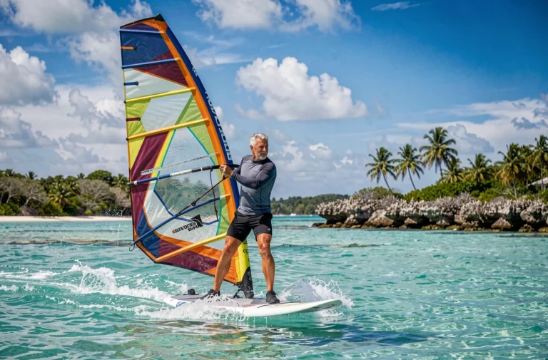 Légende du windsurf français sur son board dans un lagon tropical, voile colorée au vent, eau turquoise et récif corallien en arrière-plan