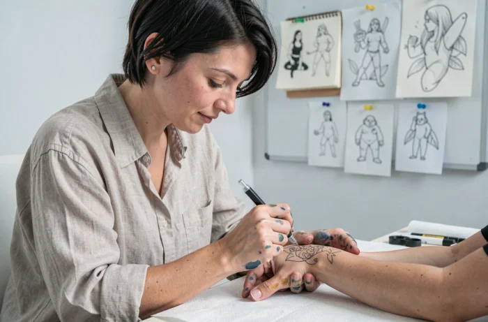 Sabii, spécialiste du style sketch et du trait libre, dessinant un tatouage freehand sur le poignet d'un client