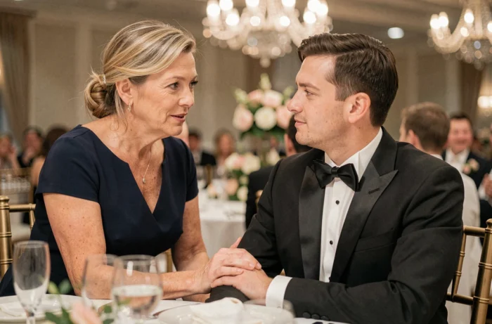 Une mère partage un moment intime de conseil avec son fils marié à la table de réception, main posée sur son bras avec tendresse et sérénité.