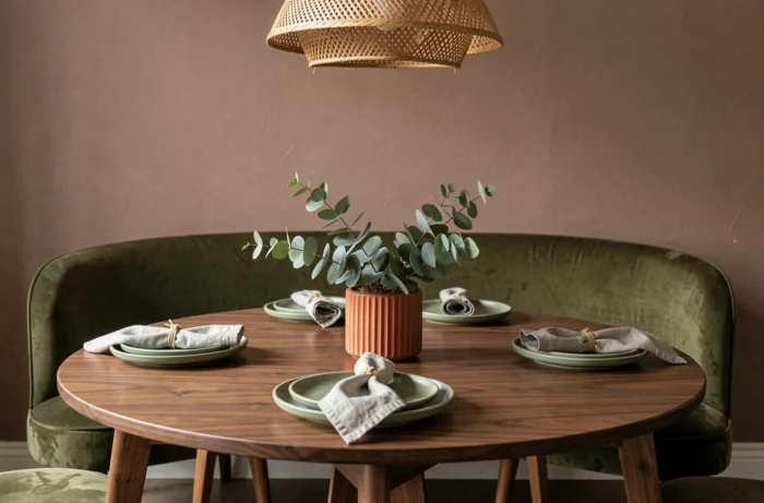 Table à manger ronde en noyer avec vaisselle artisanale verte et décoration bohème chic pour un intérieur moderne