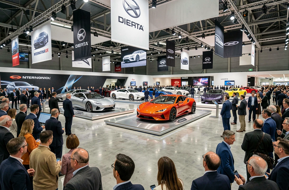 Hall d'un salon automobile international avec des voitures concept sur podiums et des visiteurs en train d'observer les nouveautés