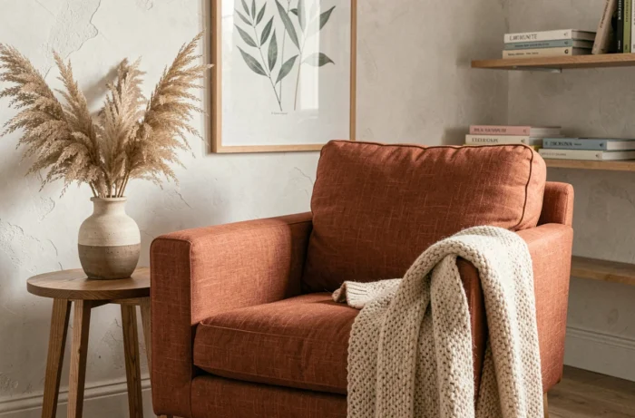 Salon scandinave cosy avec fauteuil en lin terracotta, table en chêne et vase en céramique pour une décoration intérieure tendance
