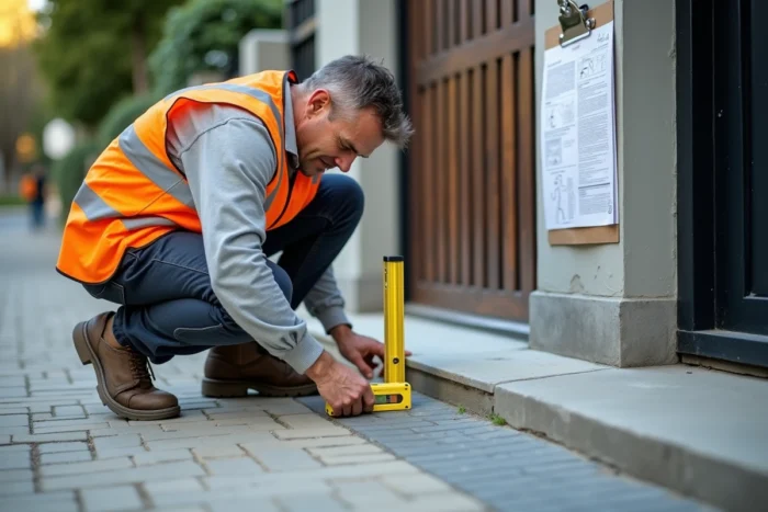 Entrepreneur vérifiant la conformité PMR du seuil de passage piéton d'un portail avec règle et niveau