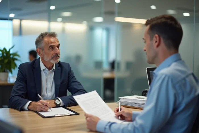 Homme en rendez-vous avec un conseiller bancaire pour signer un contrat de prêt immobilier dans une agence moderne, symbolisant le financement d'un bien immobilier