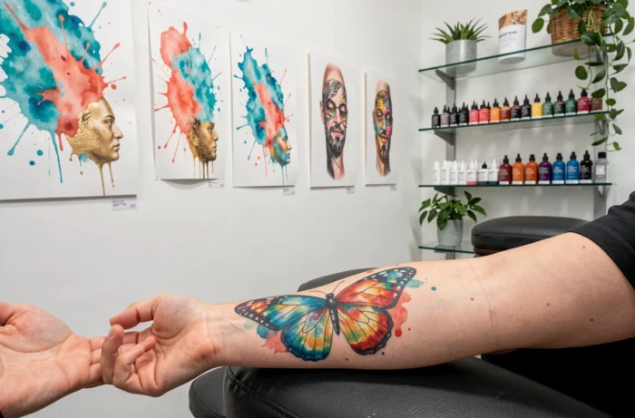 Studio de tatouage aquarelle à Gaillac avec des créations colorées exposées et un tatouage papillon aux teintes vives