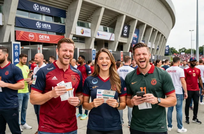 Groupe de supporters tenant leurs billets devant le stade lors de la finale de la Ligue des Champions